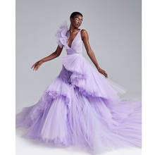 Женское вечернее платье, длинное Пышное с оборками из тюля лавандового цвета с завязкой сзади, размера плюс для выпускного вечера 2024 - купить недорого