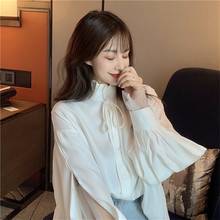Новый 2021 Весна японский сексуальные ажурные женские рубашка шифоновая блузка милый девчачий белый фонарь рукав женская блузка Женский 2024 - купить недорого