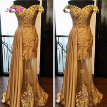 Elegante fora do ombro sereia vestidos de noite longos ouro frisado rendas apliques saudita árabe formal baile de formatura vestido de festa 2024 - compre barato