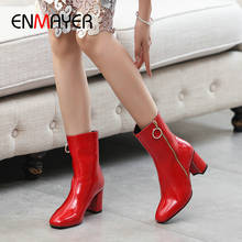 ENMAYER 2020 Patent Leather Shoes Woman Basic Square Heel Zip Round Toe High Heel Boots Short Plush Ankle Boots for Women  34-42 2024 - buy cheap