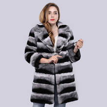 Jaqueta feminina de pele de coelho, casaco longo listrado de pele chinchila quente e genuíno personalizado 2024 - compre barato