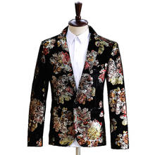 Blazers floral masculino preto veludo impresso terno casaco cantor anfitrião palco desempenho smoking traje casamento baile de formatura estúdio roupas 2024 - compre barato