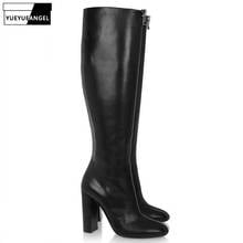 Woman Round Toe Front Zip Black High Heel Knee High Boots Plus Size 46 Designer Sexy Long Boots Autumn Winter Thigh High Boots 2024 - buy cheap