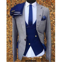 Смокинг для жениха, серый, приталенный, в итальянском стиле, с ярко-синими штанами, мужской пиджак 2024 - купить недорого