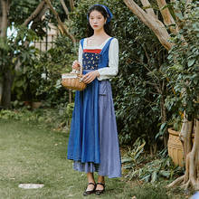 Женское длинное Хлопковое платье, синее клетчатое платье в стиле ретро с квадратным вырезом, Новое поступление на осень 2021 2024 - купить недорого