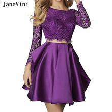 JaneVini 2019 Purple Vintage Lace 2 Piece Short Homecoming Dresses A Line Long Sleeves Beaded Backless Plus Size Mini Prom Gowns 2024 - buy cheap