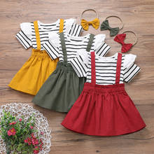 2020 Summer Toddler Kid Baby Girl Clothes Set Short Sleeve Striped Ruffle Top T-shirt Strap Skirt Headwear Outfit 3Pcs Costume 2024 - buy cheap