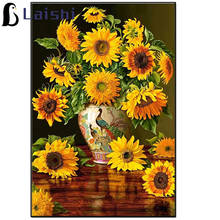 Pintura de diamante redondo completa, bordado de punto de cruz, decoración del hogar, diamante, regalo de mosaicos, jarrón de girasol y pavo real 2024 - compra barato