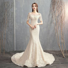 2022 Ezkuntza Mermaid Wedding Dress Short Sleeve Lace Boat Neck Sweep Brush Train Lace Up Wrap Simple Wedding Dress 2024 - buy cheap