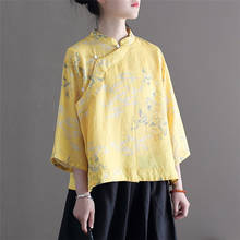 QPFJQD mujeres ramio impresión Floral ramio blusas de cuello de manga siete 2021 verano femenino botón amarillo Retro camisas y Tops 2024 - compra barato