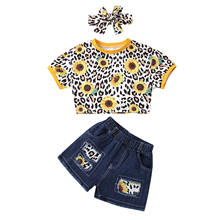Одежда для девочек 2021 Лето Одежда для маленьких девочек комплекты с леопардовым принтом Футболка и джинсовые шорты, комплект детской одежды из 3 предметов От 4 до 8 лет 2024 - купить недорого