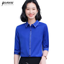 Camisa azul de media manga para mujer, blusa informal de gasa con temperamento, Tops formales para oficina, verano, 2021 2024 - compra barato