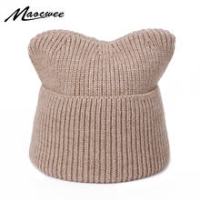 Chapéus de malha sólidos para outono e inverno, gorro com gatinho fofo, para mulheres, gorro de lã verdadeira para o inverno, gorro com orelha de gato 2024 - compre barato