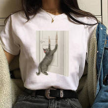 Camisetas informales para mujer, remera coreana Harajuku, playera informal para mujer con estampado de gato Kawaii, ropa urbana 2020 2024 - compra barato