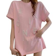 2021 ZuoLunOuBa Summer New Style Cotton Fashion Women Clothes T Shirt Beaded Letters Tees Beaded Letters Pink Tops Female S-L 2024 - buy cheap