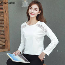 Хлопковая женская футболка с длинным рукавом, кружевная белая футболка 2020, женская футболка размера плюс 4XL, корейская модная женская одежда 2024 - купить недорого