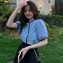 JuneLove 2021 Summer Elegant Plaid Blouses Women Korean Style Kawaii Short-sleeved Blue Shirts Fashion Casual Holiday O-neck Top 2024 - buy cheap