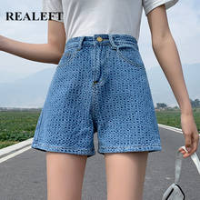 REALEFT-pantalones cortos vaqueros de cintura media para mujer, Shorts Chic de pierna ancha para playa, color azul Vintage, con bolsillos, novedad de verano de 2021 2024 - compra barato