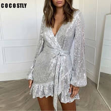 Autumn Sexy V-Neck Mini Dress Women Sashes Sequin Long Sleeve Solid Ruffle A-Line Elegant Party Dresses Ladies Vestidos 2024 - buy cheap