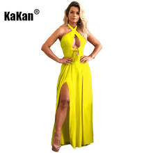 Kakan vestido feminino liso e elegante, sem mangas, cintura alta e divisão longa, novo vestido europeu e americano, 2020 2024 - compre barato