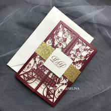 Burgundy Tower Laser Cut Wedding Invitation with Tag and Glitter Belt 20+Color Custom Printing Hollow Quinceanera Invitations 2024 - buy cheap