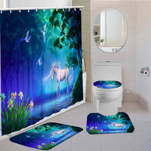 Juego de cortinas de ducha con dibujos de unicornios, Alfombra de Pedestal de bosque colorido, alfombrilla de inodoro bonita, decoración antideslizante con impresión 3D para baño, 3/4 piezas 2024 - compra barato