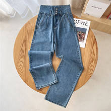 Spring and summer new style street fashion breasted high-waisted solid color jeans for women, thin and loose wide-leg long jeans 2024 - buy cheap