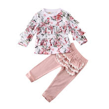 Весенний комплект детской одежды с цветочным рисунком для маленьких девочек, пуловер с цветочным рисунком, топы, футболка, длинные брюки с оборками, комплект одежды 2024 - купить недорого