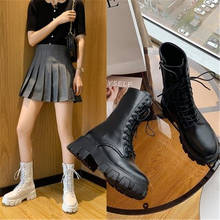 2021 Fashion Leather Mid Calf Boots Women Lace Up Combat Booties Autumn Platform Gothic Shoes Motorcycle Botas Mujer Black White 2024 - buy cheap