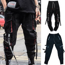 Men's Side Pockets Cargo Harem Pants 2021 Ribbons Black Hip Hop New Solid Male Joggers Trousers Fashion Casual Streetwear Pants 2024 - buy cheap
