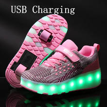 Новинка 2020, Детские кроссовки с USB-зарядкой, с 2 колесами, для девочек и мальчиков, светодиодная обувь, детские кроссовки с искусственной обувью, 28-43 2024 - купить недорого