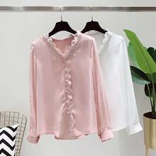 YTNMYOP Sweet Spring Blouse Women Loose Fashion Chiffon V-neck Lady Short Long Sleeve Clothing For Girls Pink White Colors 2024 - buy cheap