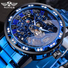 Top Brand Luxury Business Luminous Male Clock Winner Transparent Diamond Mechanical Watch Blue Stainless Steel Skeleton Watch 2024 - buy cheap