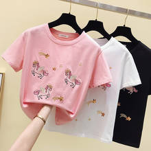 gkfnmt Summer Short Sleeve T-shirts Women Casual Embroidery Tees Black White Pink Tops Female Basic Tshirts Ladies 2024 - buy cheap