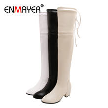ENMAYER Square Heel Lace-Up Round Toe Over The Knee Boots Round Toe High PU Boots Women Solid Short Plush Zipper Women Shoes 2024 - buy cheap