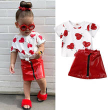Одежда для маленьких девочек на День святого Валентина футболка с надписью «Love» кожаная юбка красный комплект милый комплект летней одежды для маленьких детей 2024 - купить недорого