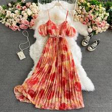 Summer Fashion New V-neck Floral Dress Holiday Style Printing Sexy Halter Strap Chiffon Over-the-knee Pleated Dress UK758 2024 - buy cheap