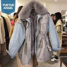 Winter Warm Parkas Women Fashion Patchwork Denim Jacket Rabbit Fur Lining Overcoats Casual Thick Loose Windbreakers Cargo Coat 2024 - buy cheap