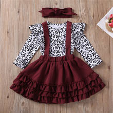 Newborn Toddler Baby Girls Clothes Leopard print Ruffle round neck Bodysuit bow Headband strap skirts 3pc kids cotton Outfits 2024 - buy cheap
