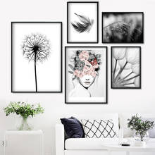 Pôsteres e impressões nórdicas para decoração, imagem de parede da menina da pena de dandelion pintura em tela preto e branco 2024 - compre barato