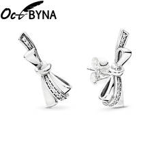 Octbyna Hot Sale Authentic Silver Color Ornate Bow AAA Zircon Stud Earrings For Women Fashion Fine Jewelry Dropshipping 2024 - buy cheap