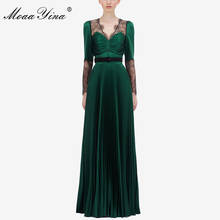 MoaaYina Fashion Designer Runway dress Autumn Winter Women Dress Lace Long sleeve Elegant Dark Green Pleated Long Dresses 2024 - buy cheap
