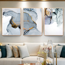 Arte de parede para sala de estar, pintura nórdica abstrata, azul-cinza, em tela, dourada, fumaça, poster artístico, impressão moderna 2024 - compre barato