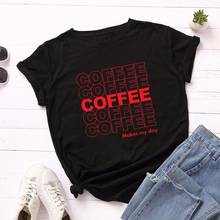 Camisa de algodão de verão das mulheres t S-5XL mais tamanho letras de café imprimir manga curta camisetas topos casuais simples o-pescoço camisetas femininas 2024 - compre barato