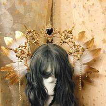 Japanese Original Handwork Lolita Golden Virgin Halo Angel Aperture Crown Gorgeous Feather Headdress Sweet KC Hair Hoop Girls 2024 - buy cheap