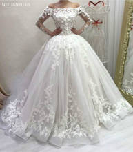Long Sleeve Ball Gown Wedding Dresses New Floor Length Lace Applique Ruffle Pleats Bridal Dress Wedding Gowns 2024 - buy cheap
