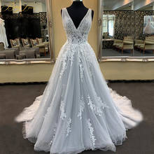 BeryLove Sexy Ivory Grey Tone Wedding Dress 2021 Tulle Appliqued Lace V neck Pleated A line Bridal Dress Bride Marriage Illusion 2024 - buy cheap