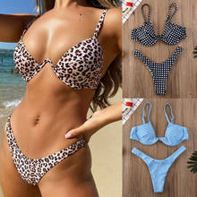 Biquíni push up forrado feminino, 2 peças, sutiã de banho estampado de leopardo, moda praia verão 2024 - compre barato