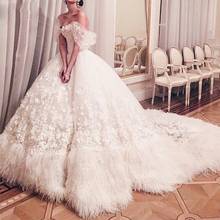Luxury Feather Wedding Dresses Saudi Arabia Off The Shoulder 3D Appliques Bridal Ball Gowns Dubai Custom Made Vestido De Novia 2024 - buy cheap