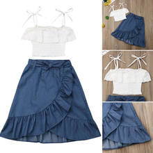 2020 Baby Summer Clothing 2-7Y Infant Kids Baby Girls Princess White Sling Lace Off Shoulder Top+Ruffle Denim Skirt Outfits Sets 2024 - buy cheap